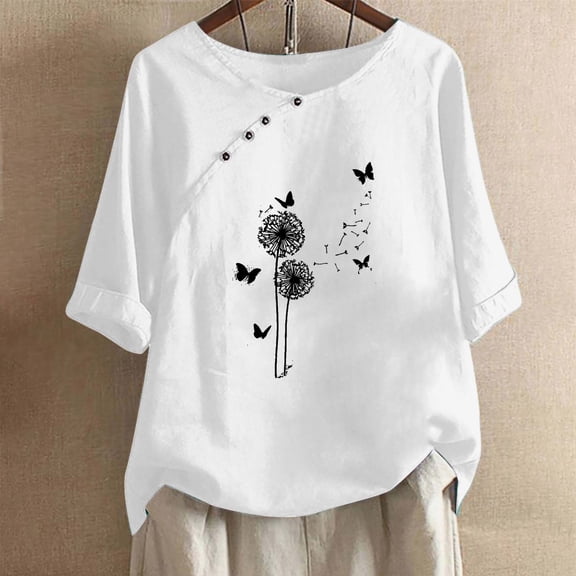 ALLLIST Women Tops White Scoop Neck Floral Elbow-Length T-Shirts Summer Blouses