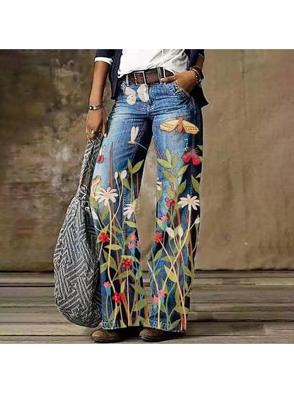 Women's Jeans Bootcut Wide Leg Denim Pants Floral Lightweight Blue Trendy Lounge Pants Pants Ladies
