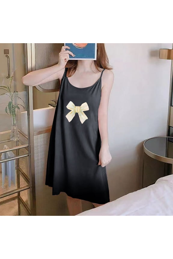 Women's Nightgown Summer Sleeveless Sleep Dresses Black Breathable Bow Print Night Clothes Loungewear for Women