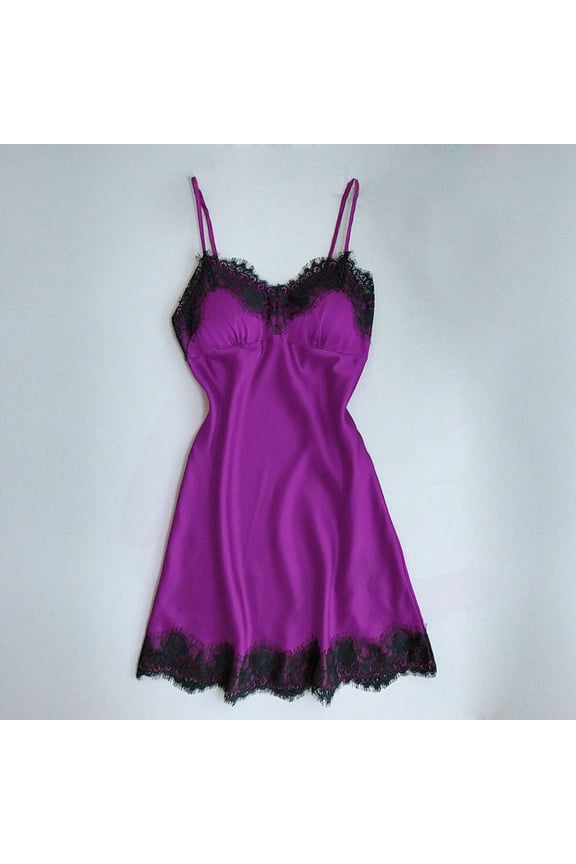 Women's Nightgowns Sleeveless Short Length V Neck Satin Silk Lace Chemises Purple Plain Open Back Nightwear Ladie's Nightgowns