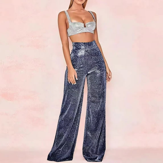 ALLLIST Women's Pants Wide Leg Loose Fit Lounge Pants Plain Blue Elastic Waist Knit Pants for Teen