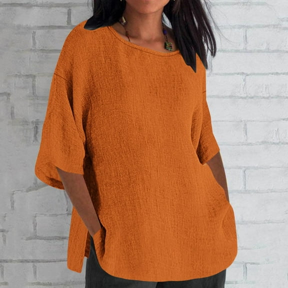 ALLLIST Women's Tops 3/4 Sleeve Crew Neck Cotton T-Shirts Orange Plain Fashion Shirts Ladie's Tops