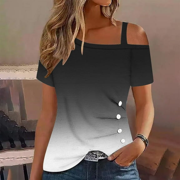 ALLLIST Women's Tops Black Short Sleeve Gradient Button Boatneck T-Shirts Spring Blouse L