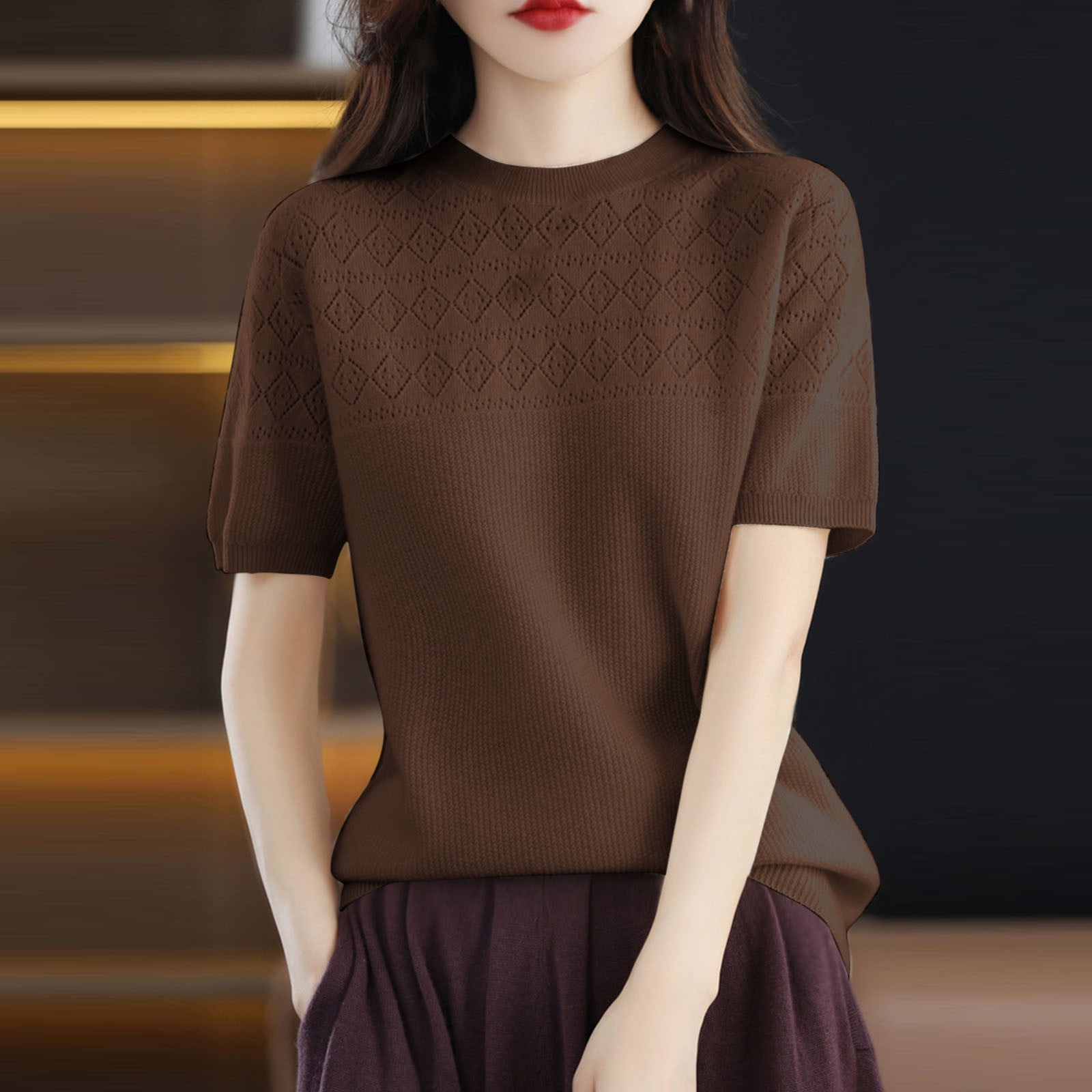 ALLLIST Women's Tops Brown Solid Basic Short Sleeve Crew Neck TShirts