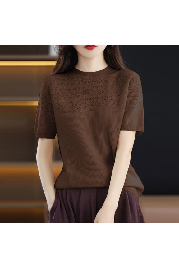 Women's Tops Brown Solid Basic Short Sleeve Crew Neck T-Shirts Spring Blouses for Women 2024 L