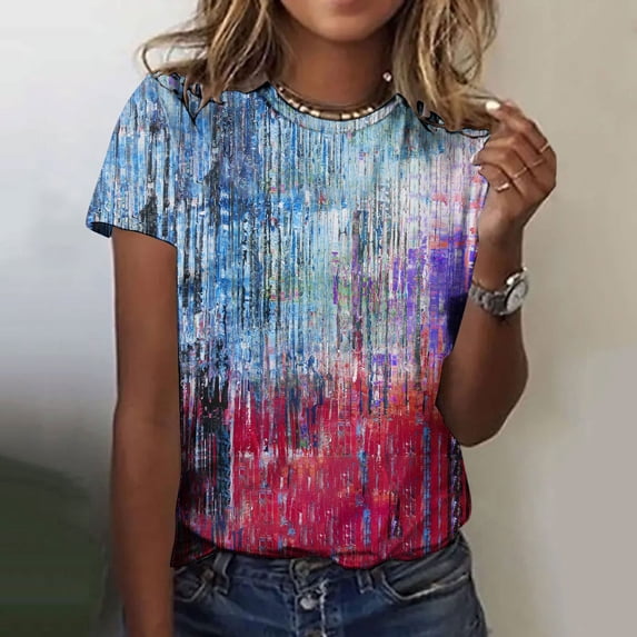 ALLLIST Women's Tops Crew Neck Holiday Short Sleeve T-Shirts Fashion Purple Floral Shirts Tops for Ladies