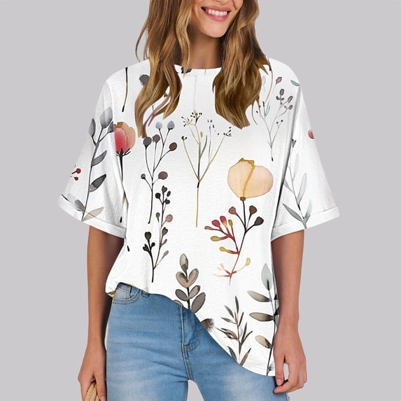 ALLLIST Women's Tops Crew Neck Plus Size Elbow-Length T-Shirts Holiday Casual White Floral Shirts Tops for Ladies