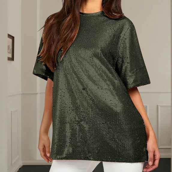ALLLIST Women's Tops Crew Neck Sequin Short Sleeve T-Shirts Solid Green Trendy Shirts Tops for Ladies