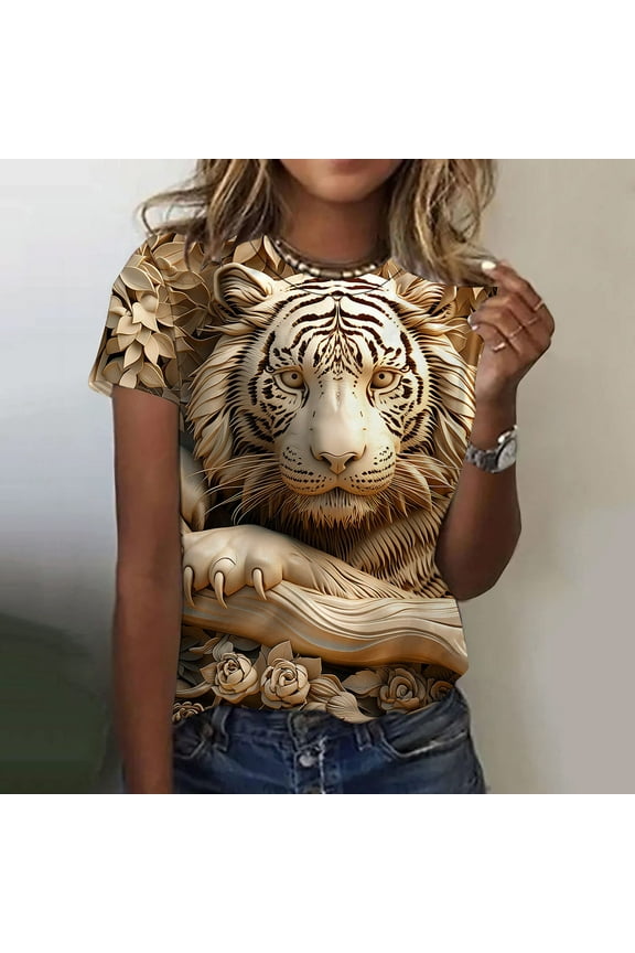 Women's Tops Crew Neck Short Sleeve Plus Size T-Shirts Fashion Summer Animal Print Shirts Clothing for Women