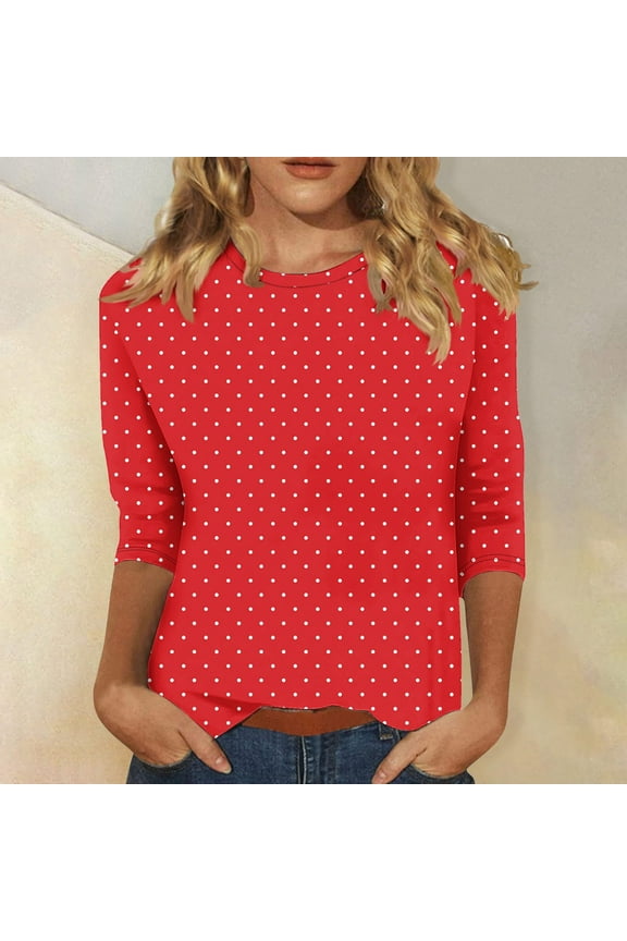 Women's Tops Crew Neck Summer 3/4 Sleeve T Shirts Relaxed Fit Polka Dot Blouse Clothing for Ladies