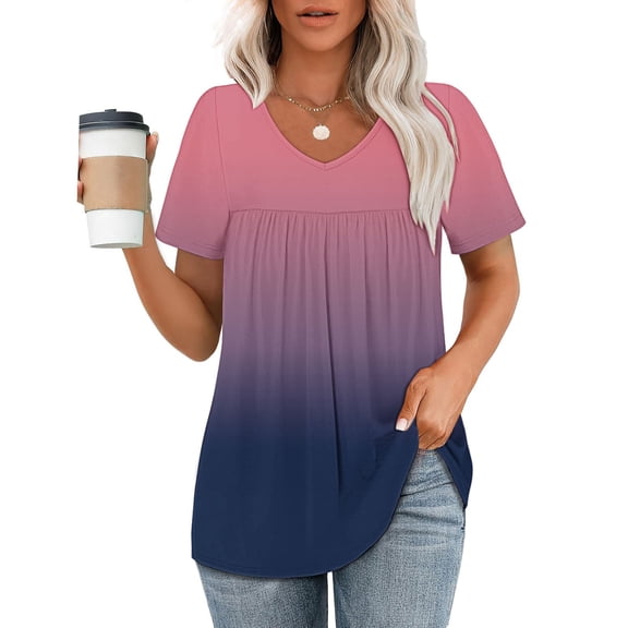 ALLLIST Women's Tops Gradient V Neck Short Sleeve Blouse New Pleated Pink Tunic Ladie's Tops