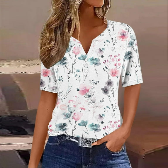 ALLLIST Women's Tops Pink Button Short Sleeve V-Neck Floral T-Shirts Womens Shirts Plus Size XXL