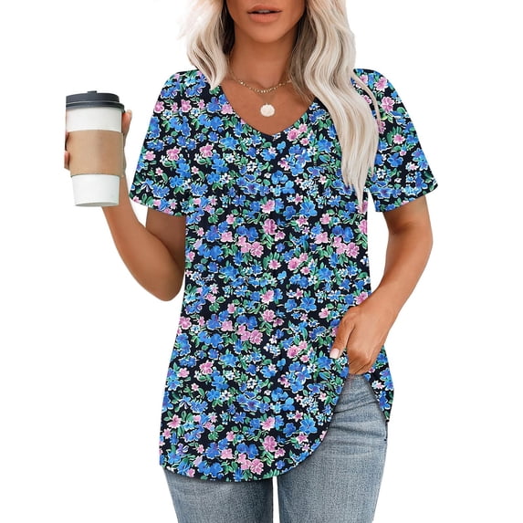 ALLLIST Women's Tops Pleated Short Sleeve V Neck Blouse Trendy Floral Blue Pullover for Women