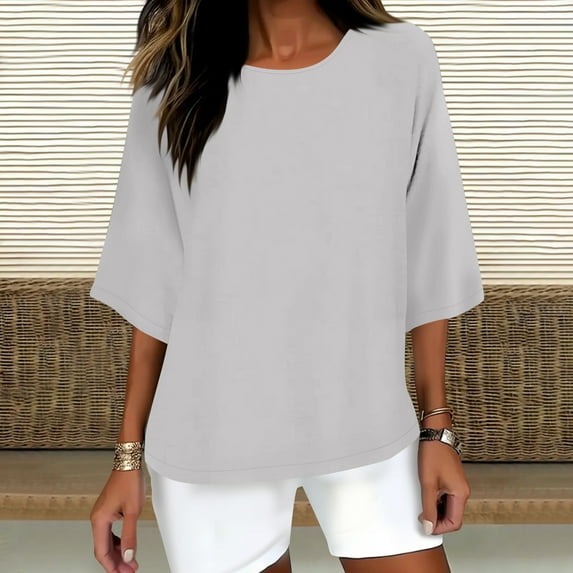 ALLLIST Women's Tops Plus Size Cotton Linen 3/4 Sleeve T Shirts Solid Gray Loose Pullover for Women