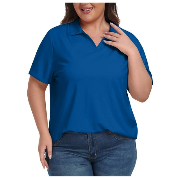 ALLLIST Women's Tops Plus Size Short Sleeve Holiday Polo Shirts Plain Blue Side Vent Collared Shirts Tops for Ladies