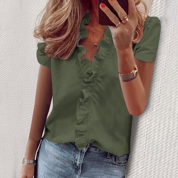 ALLLIST Women's Tops Plus Size V-Neck Short Sleeve Blouses Summer Green Solid Ruffle Shirts Womens Clothing