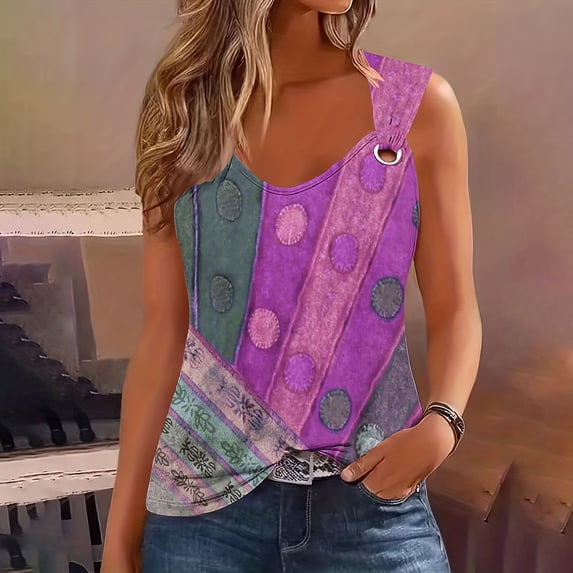 ALLLIST Women's Tops Purple Sleeveless Graphic V-Neck Tank Tops Tank Tops for Women L