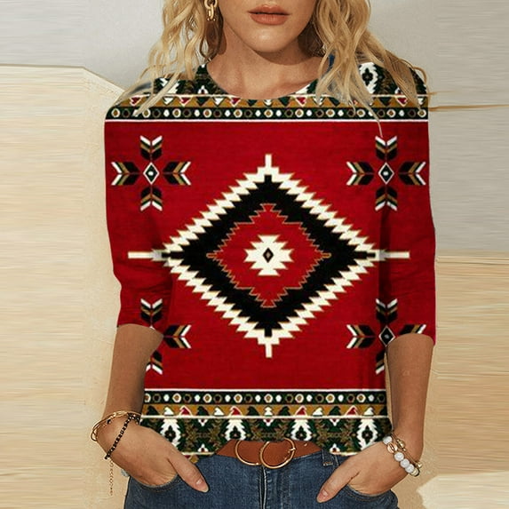 ALLLIST Women's Tops Red Boho Geometric Crew Neck 3/4 Sleeve T-Shirts Womens Shirts Under $5 L