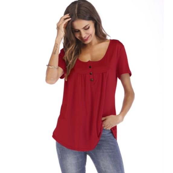 ALLLIST Women's Tops Red Solid Scoop Neck Button Short Sleeve T-Shirts Blouses & Button-Down Shirts L
