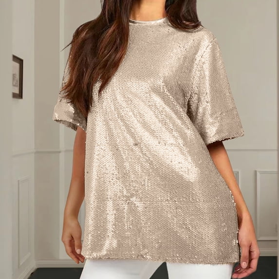ALLLIST Women's Tops Short Sleeve Crew Neck Sequin T-Shirts Solid Gold Trendy Shirts Tops for Ladies