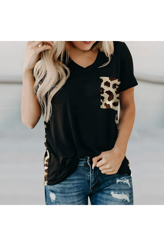 Women's Tops Short Sleeve V Neck Leopard Print T Shirts Summer Drop Shoulder Pullover for Women