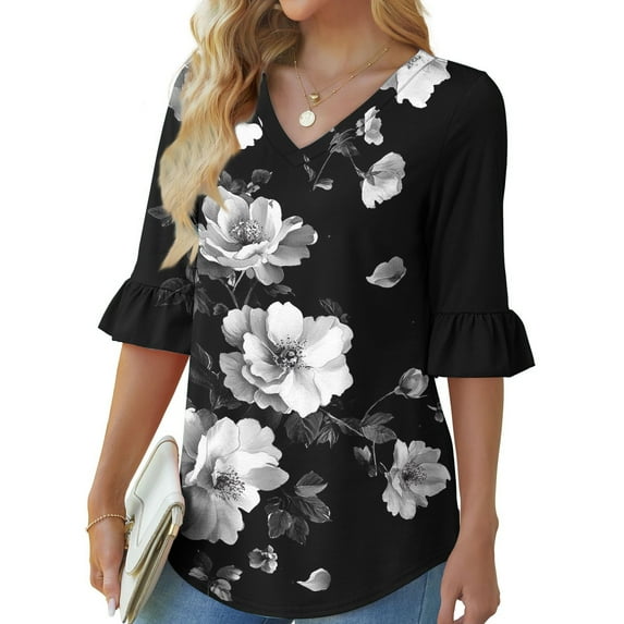 ALLLIST Women's Tops Summer Bell Sleeve V-Neck Blouse Trendy Ruffle Floral Pullover Ladie's Clothing