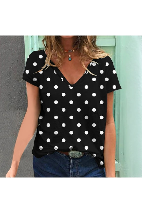 Women's Tops V Neck Black Summer T-Shirts Short Sleeve Trendy Polka Dot Shirts Ladies Tops