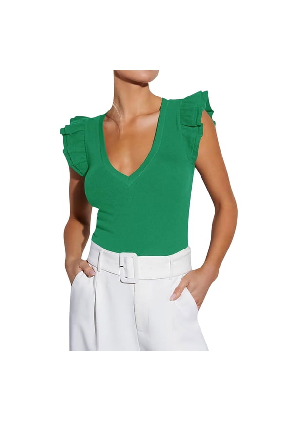 Women's Tops V Neck Cap Sleeve Blouse Trendy Green Plain Flounce Womens Clothing