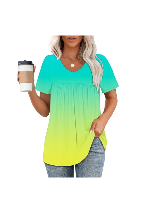 Women's Tops V Neck Short Sleeve Gradient Blouse Pleated Yellow Summer Pullover Ladies Tops