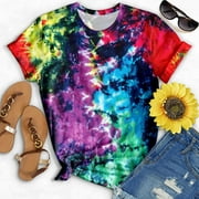 ALLLIST Trendy Tops for Women 2024 Yellow Tie Dye Crew Neck Short Sleeve T-Shirts Summer Blouses S