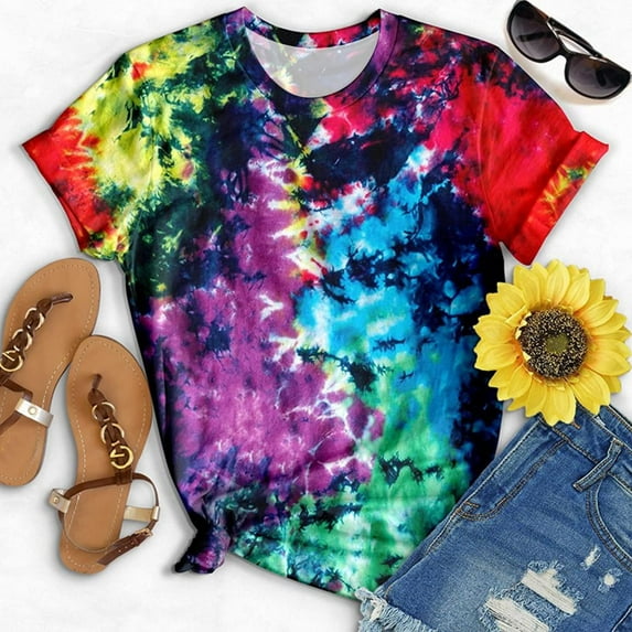 ALLLIST Trendy Tops for Women 2024 Yellow Tie Dye Crew Neck Short Sleeve T-Shirts Summer Blouses S