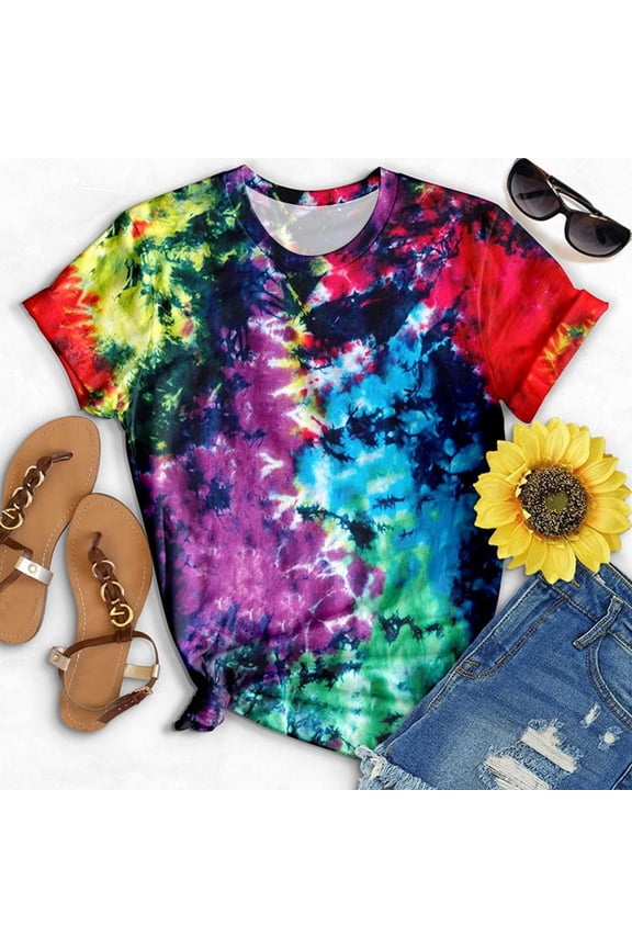 Trendy Tops for Women 2024 Yellow Tie Dye Crew Neck Short Sleeve T-Shirts Summer Blouses S
