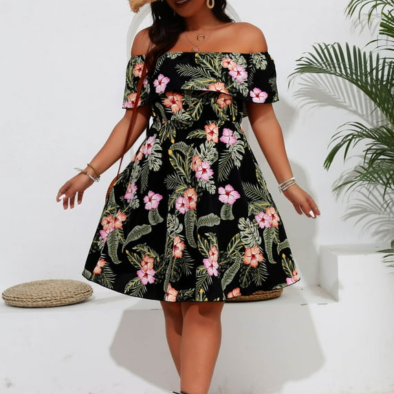 ALLLIST Womens Dresses Spring off The Shoulder Plus Size A-Line Floral Vacation Black Sundress for Women