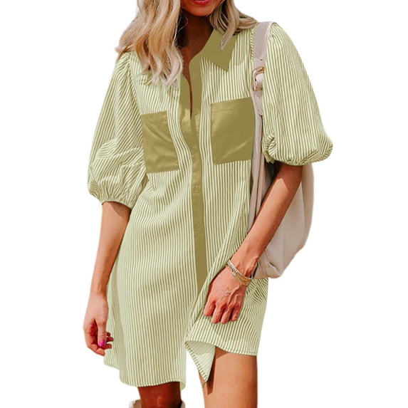 ALLLIST Womens Dresses Striped Puff Sleeve Spring Shirt Dress Casual Vacation Yellow T-Shirt Dresses for Teens