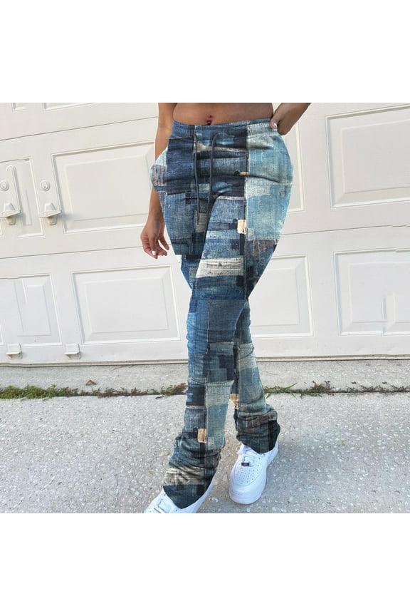 Womens Elastic Waist Jeans with Pockets Blue Ponte Pants Color Block Slim Trendy Denim Pants for Women