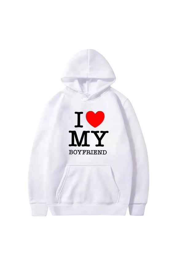 Womens Hoodies Fashion Long Sleeve White Pullover Relaxed Fit I Love My Boyfirend Sweatshirtfor Women