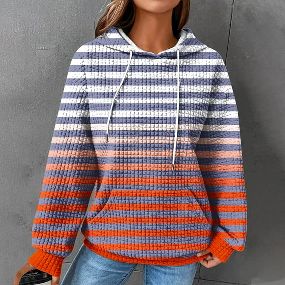 ALLLIST Womens Hoodies Waffle Knit Drawstring Long Sleeve Pullover with Pockets Gradient Orange Loose Sweatshirtfor Women