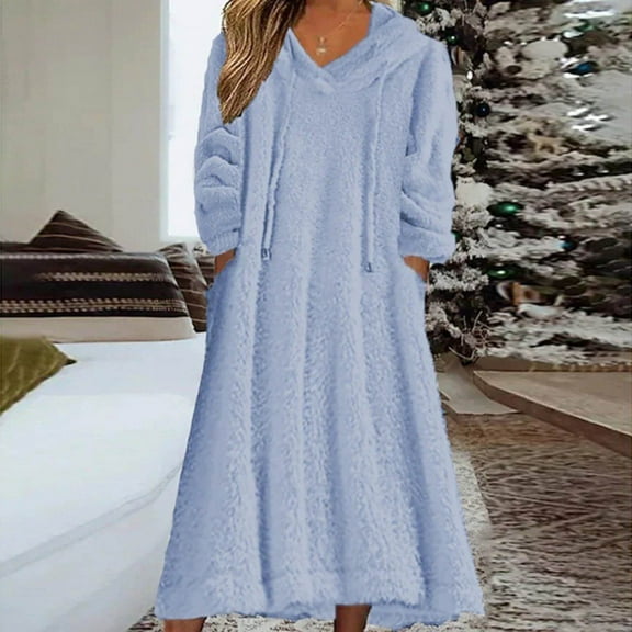 ALLLIST Womens Nightgowns with Pockets Long Fleece Sleep Shirts Plain Warm Hooded Blue Loungewear Nightgowns for Ladies