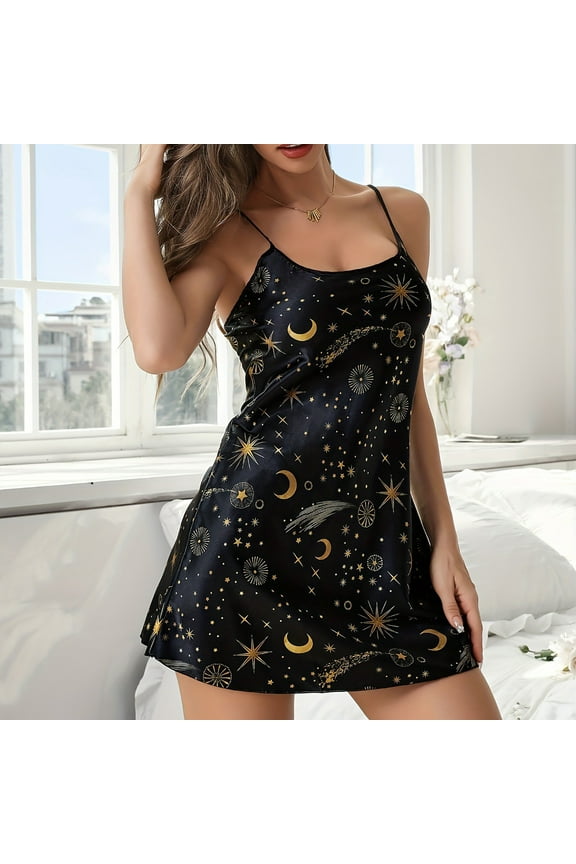 Womens Paamas Silk Chemises Black Soft Starry Print Sleepwear Ladies Pajamas