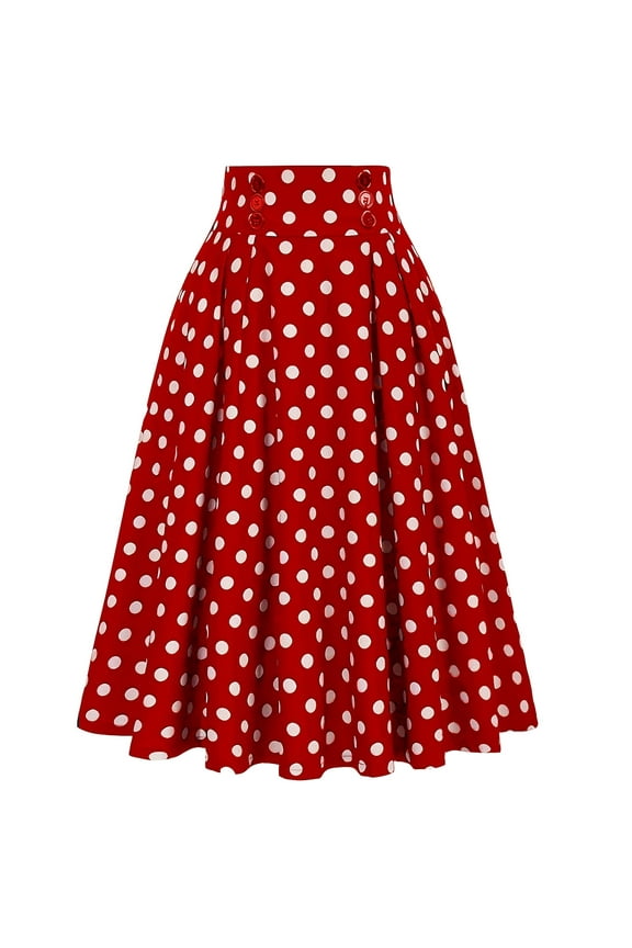 Womens Skirt Pleated Casual Midi Skirt High Waist Button Polka Dot Red A-Line Teen Skirts