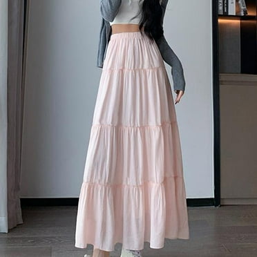 ALLLIST Womens Skirts Long Elastic Waist Solid Pink Pleated Fashion A-Line Girls Skirt
