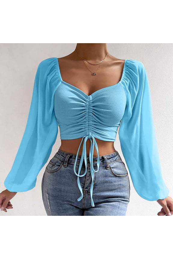 Womens Spring Tops Blue Long Sleeve Ribbed Sexy Scoop Neck Solid T-Shirts Womens Shirts Plus Size M