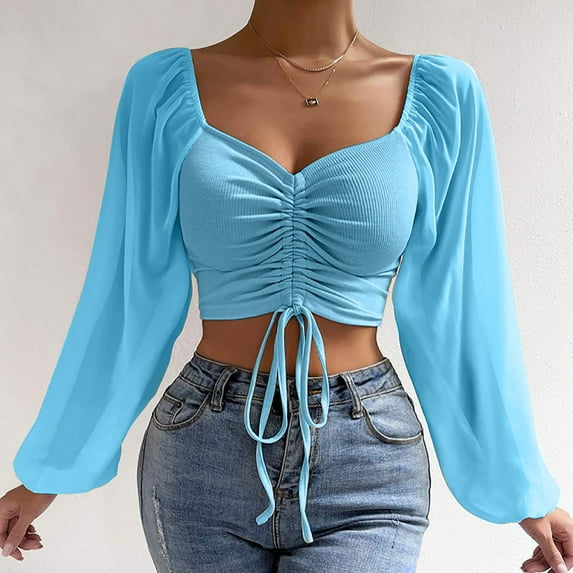 ALLLIST Womens Spring Tops Blue Long Sleeve Ribbed Sexy Scoop Neck Solid T-Shirts Womens Shirts Plus Size M