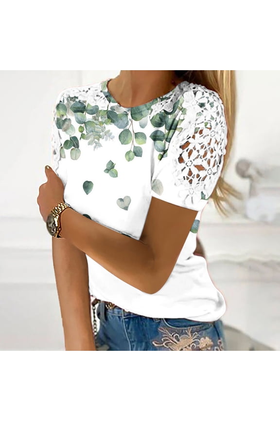 Womens Spring Tops Green Crew Neck Floral Casual Short Sleeve Hollow T-Shirts Spring Blouses for Women 2024 M