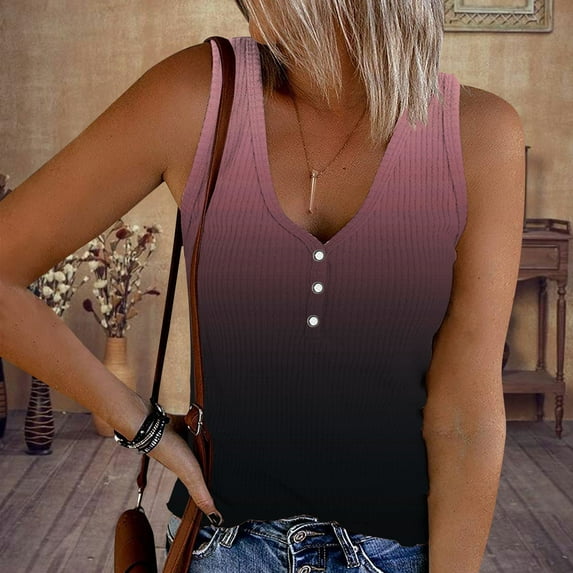 ALLLIST Womens Spring Tops Pink Ribbed V-Neck Button Sleeveless Gradient Tank Tops Womens Tank Top S