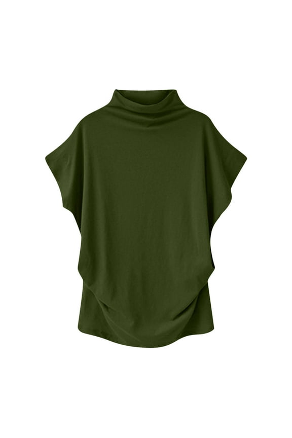 Womens Summer Tops Green High Neck Solid Short Sleeve T-Shirts Casual Blouses for Women