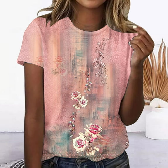 ALLLIST Womens Summer Tops Pink Short Sleeve Casual Crew Neck Floral T-Shirts Tshirt Dress Women XL