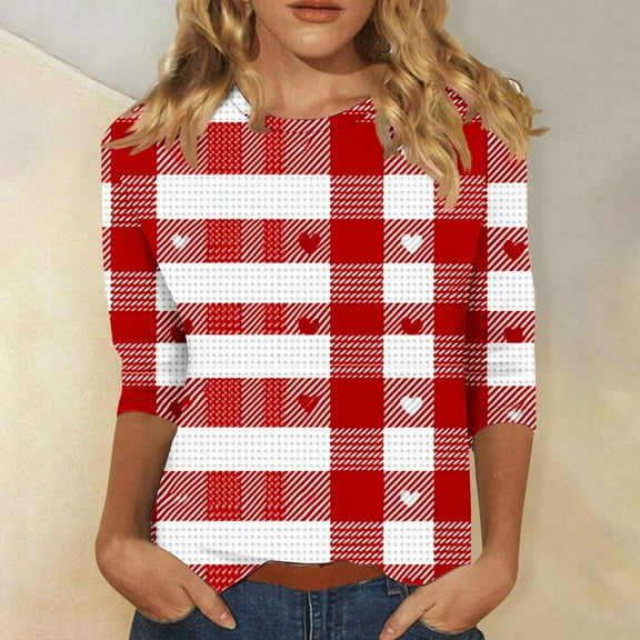 ALLLIST Womens Tops 3/4 Sleeve Crew Neck Plus Size T Shirts Plaid Fashion Blouse Ladie's Clothing