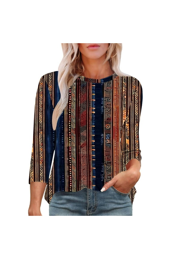 Womens Tops 3/4 Sleeve Summer Crew Neck Blouse Ethnic Casual Pullover Ladies Clothing