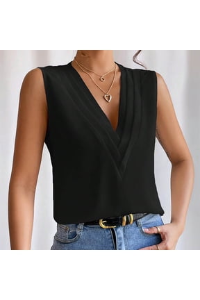 Womens Tops Black Solid V-Neck Sleeveless Tank Tops Tank Tops M